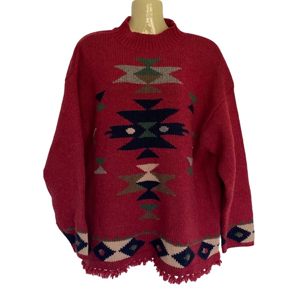 Vintage Fringe Southwestern Aztec Lambs Wool Oversized Sweater - Picture 1 of 12